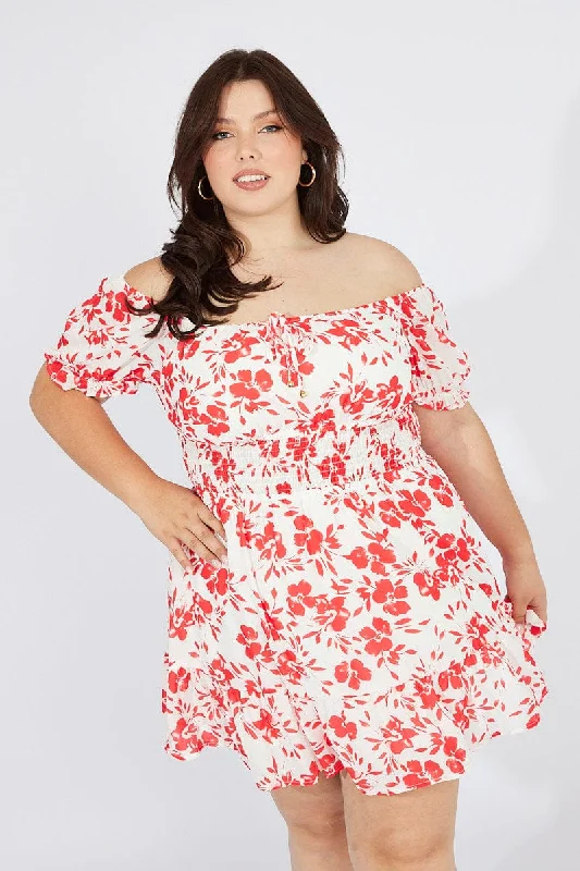 Stock Clearance Red Floral Fit And Flare Dress Short Sleeve Ruched Bust