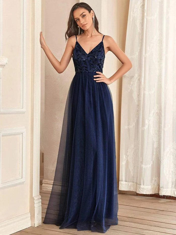 Limited Time V Neck Spaghetti Strap Embroidered Maxi Tulle Wedding Guest Dress