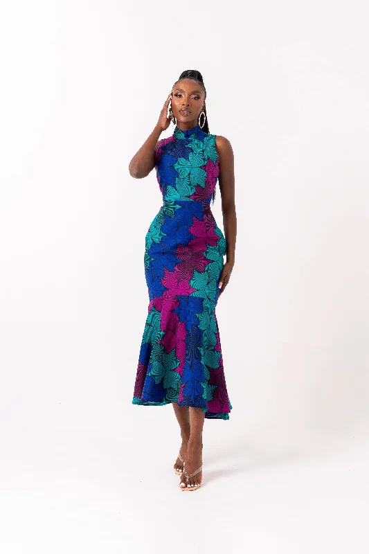 Deal of the Day ZURI African Print Maxi Mock Neck Peplum Dress