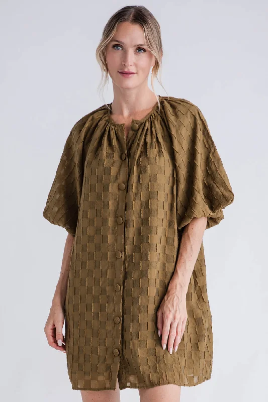 Deep Discounts THML Checkered Button Up Bubble Sleeve Dress