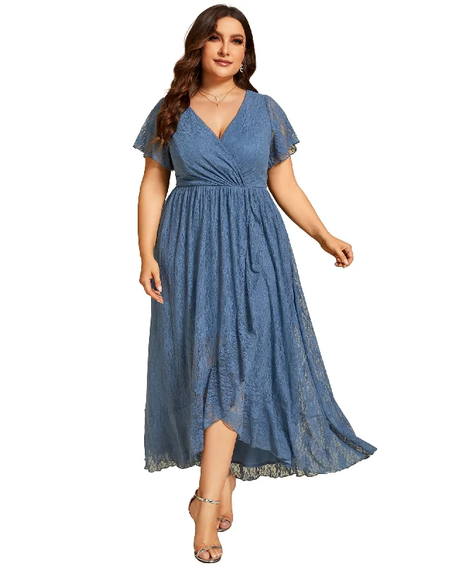 Take Advantage Short Sleeve Ruffled V-Neck A-Line Lace Evening Dress | Dusty Navy