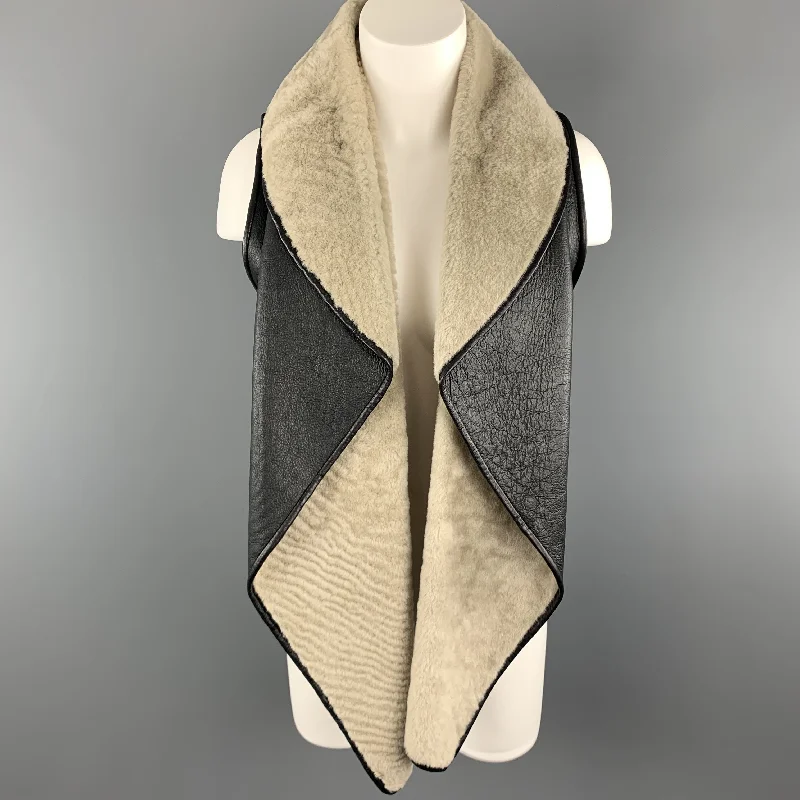 Limited Availability NELLIE PARTOW Size XS Black & Beige Shearling Draped Lapel Vest