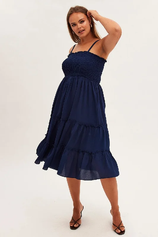 Buy Now Blue Midi Dress Textured Shirred Bodice Strappy