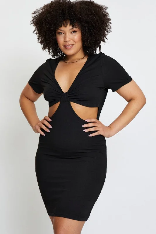 Super Sale Black Mini Bodycon Dress Colla Short Sleeve Jersey