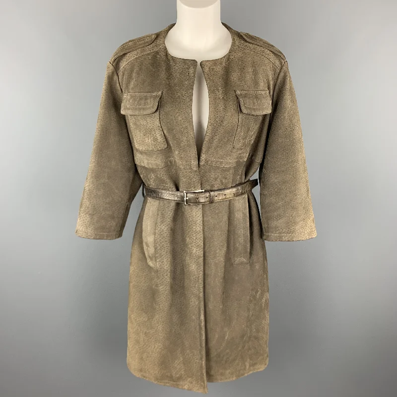 Extra Savings PRADA Size S Olive Green Textured Sueded Leather Alligator Belt Military Coat