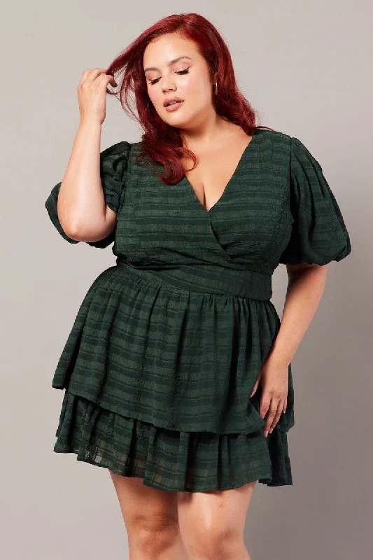 Exclusive Offers Green Textured Puff Sleeve Frill Dress