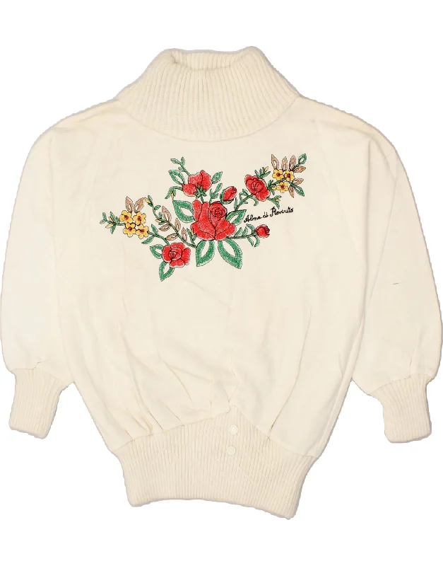 Crazy Deals VINTAGE Womens Graphic Roll Neck Jumper Sweater UK 14 Medium Off White