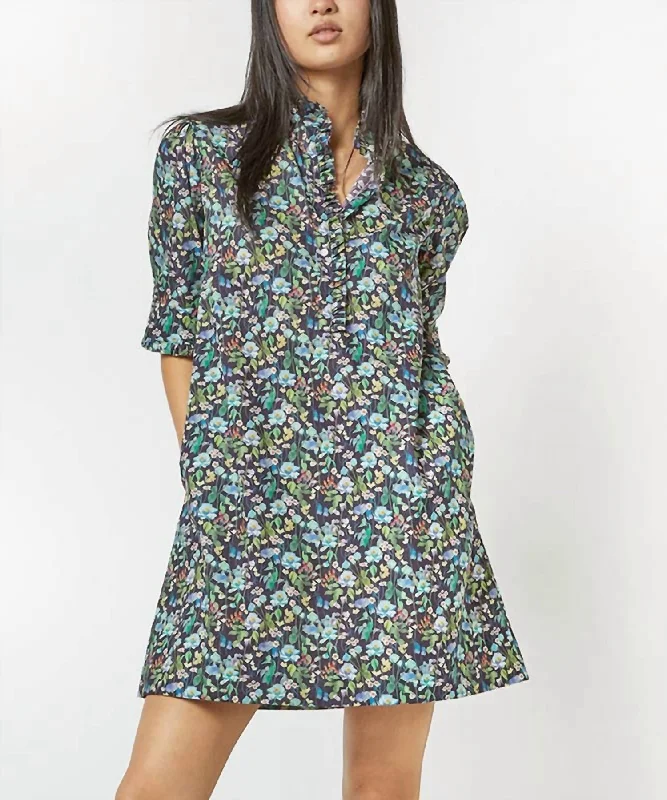 Flash Sale Elbow Frill Dress In Navy Awning