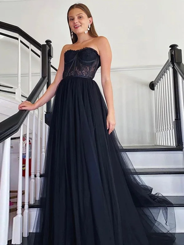 Overstock A-Line/Princess Tulle Lace Strapless Sleeveless Sweep/Brush Train Dresses Overstock A-Line/Princess Tulle Lace Strapless Sleeveless Sweep/Brush Train Dresses