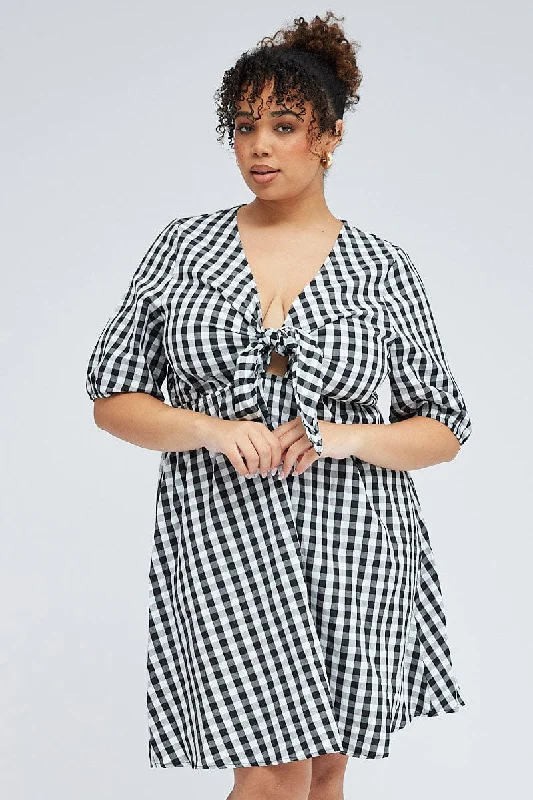 Fantastic Deals Black Check Mini Dress Tie Gingham Puff Sleeve