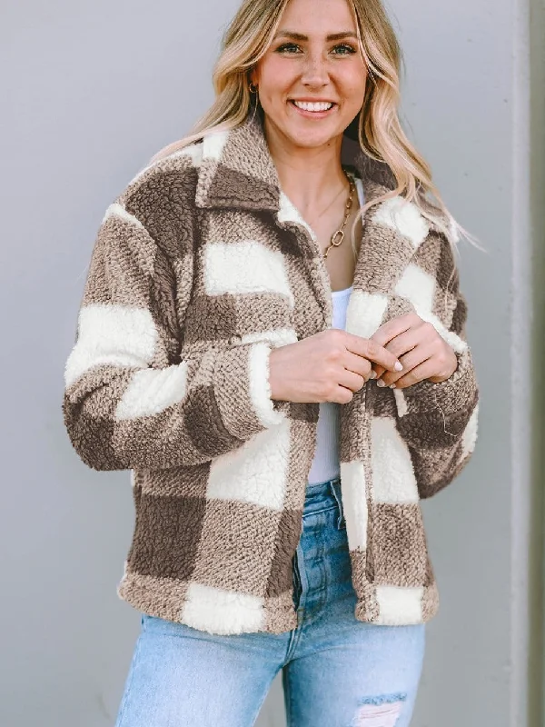 Low Prices Casual Checkered Sherpa Coat