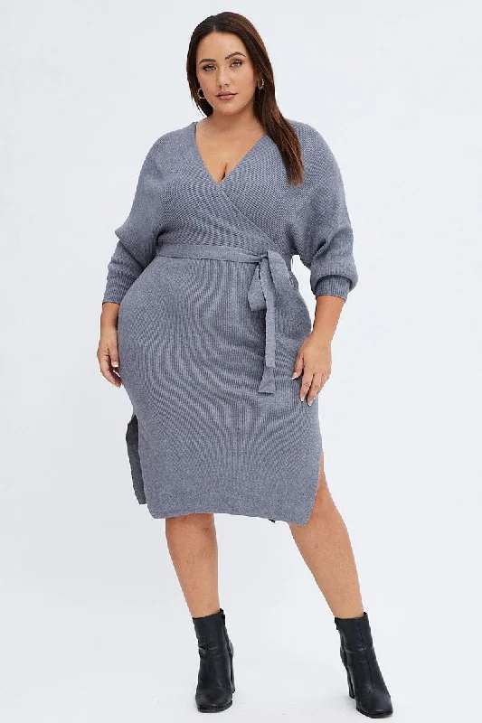 Don’t Miss Out Grey Knit Dress Knee Length Crossover