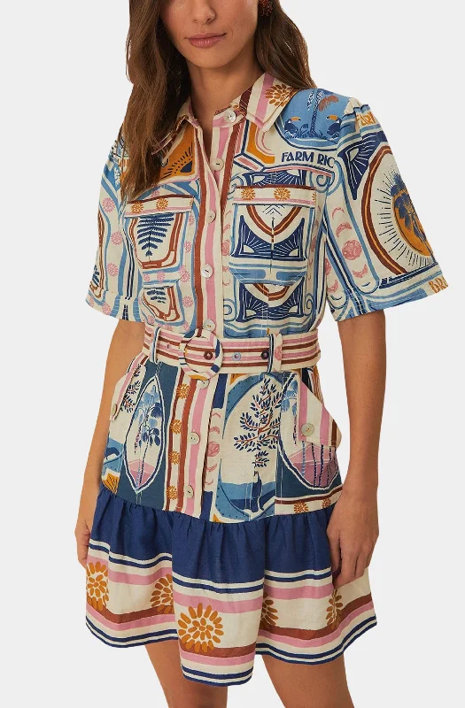 Now or Never Cerrado Stamps Cream Short Sleeve Mini Dress