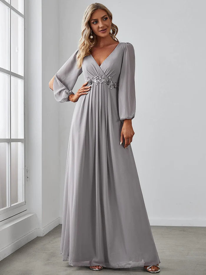Discount Deals Deep V Neck Long Wedding Guest Dress with Long Sleeves
