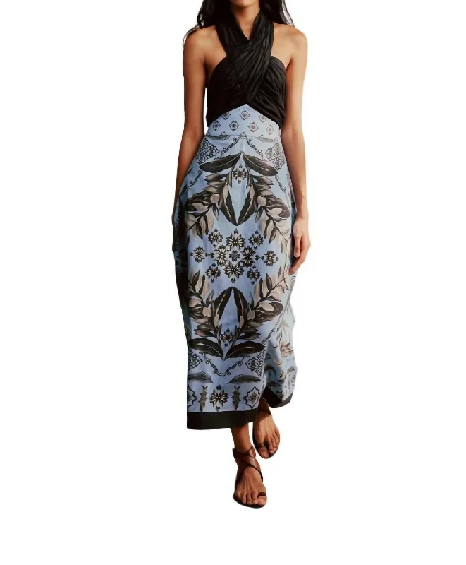 Weekend Deal Halter Scarf Maxi Dress In Cornflower-Charcoal Tropical