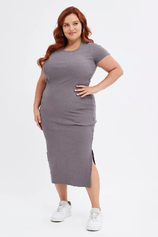 Low Prices Grey Bodycon Dress Short Sleeve Midi Rib