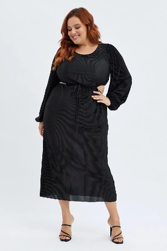 Special Discount Black Midi Dress Long Sleeve Cut Out Plisse