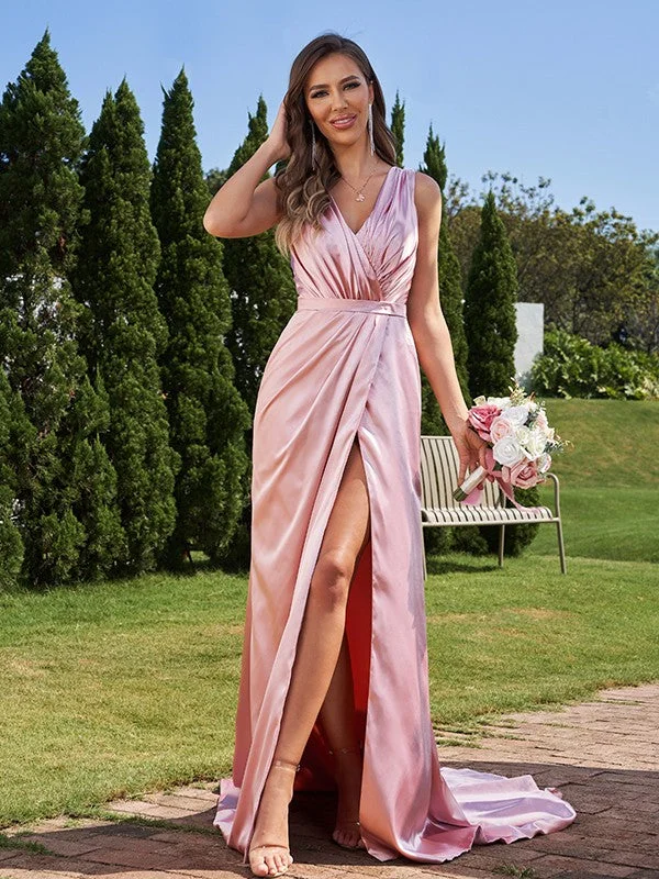 Weekend Deal A-Line/Princess Elastic Woven Satin Ruched V-neck Sleeveless Sweep/Brush Train Bridesmaid Dresses Weekend Deal A-Line/Princess Elastic Woven Satin Ruched V-neck Sleeveless Sweep/Brush Train Bridesmaid Dresses