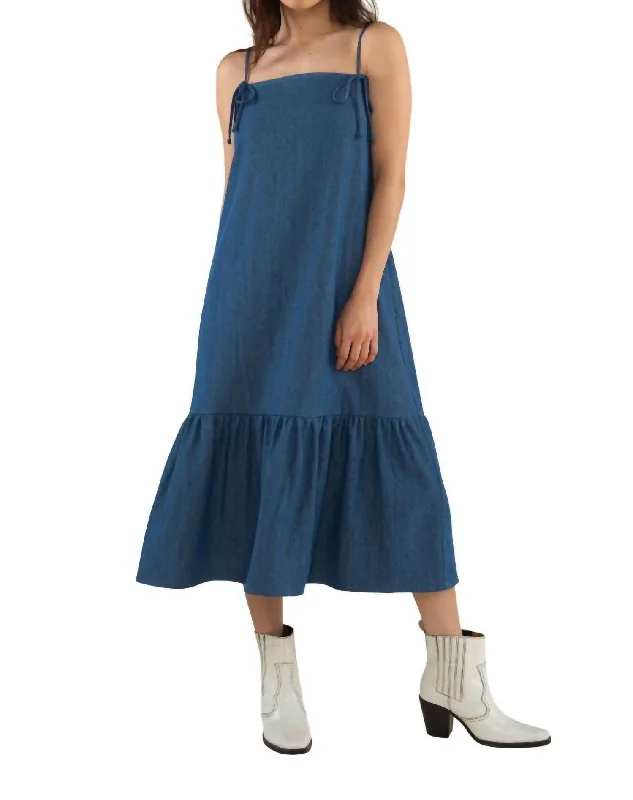 Take Advantage Bonnie Bow Cotton Denim Midi Dress In Medium Wash