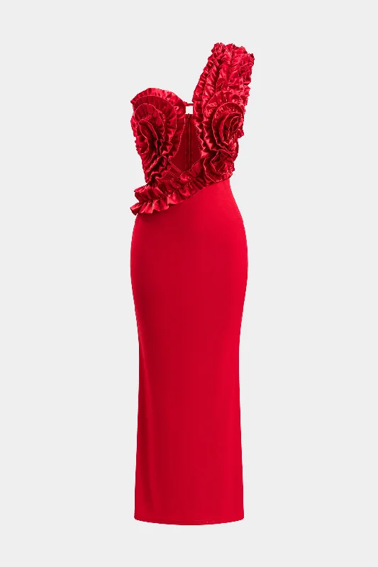 Sale Event Ruched Ruffles One Shoulder Zipper Cut Out Slit Maxi Dress
