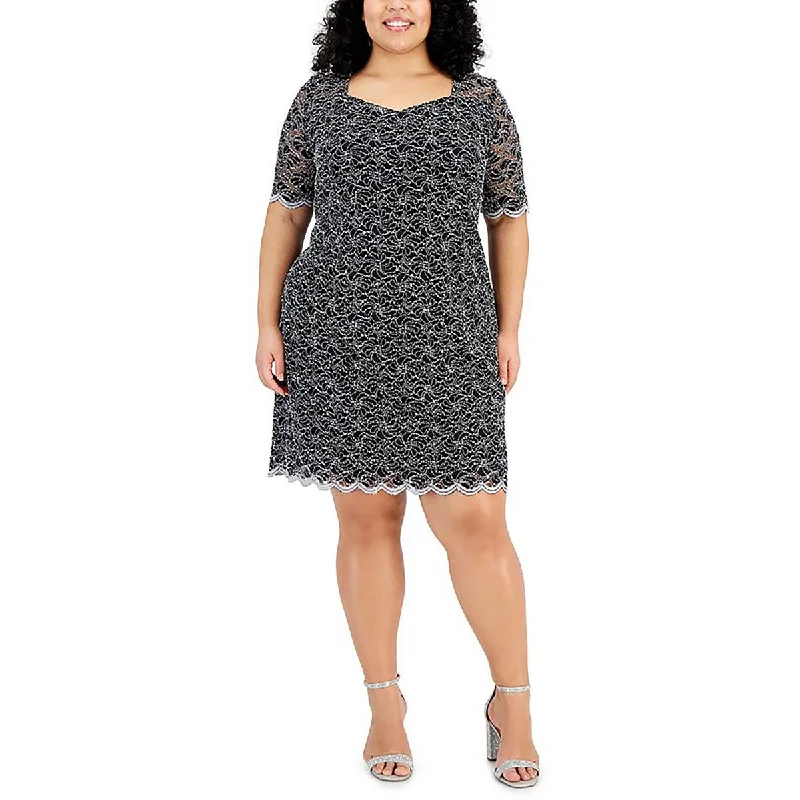 Midnight Madness Plus Womens Lace Sweetheart Neck Shift Dress