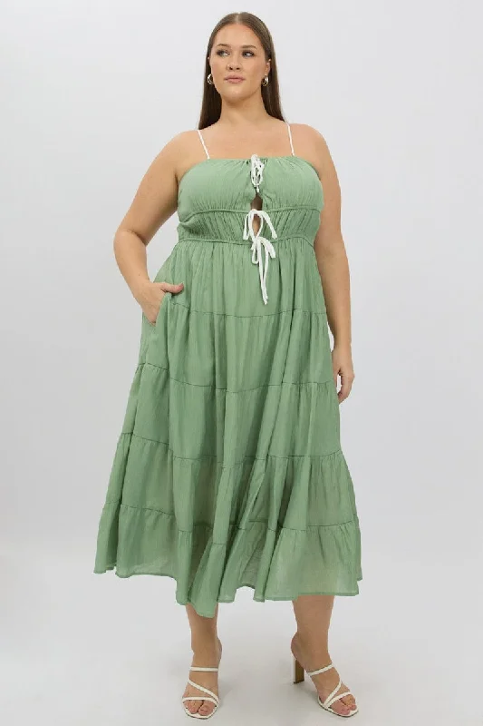 Price Meltdown Green Midi Dress Sleeveless Contrast Ribbon