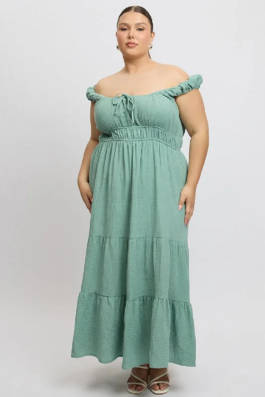 Special Promotion Green Midi Dress Short Sleeve Ruched