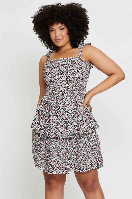 Savings Galore Ditsy Print Ruffle Dress Square Neck Sleeveless