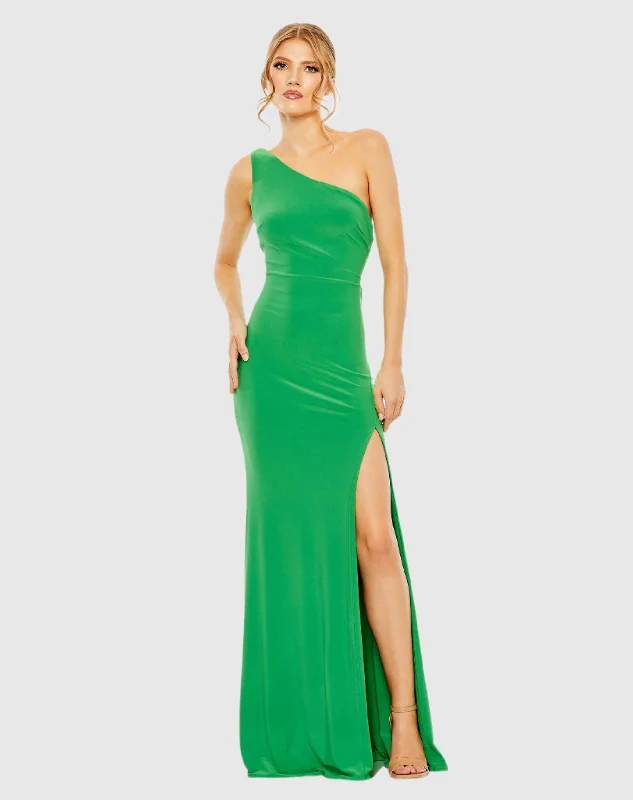 Best Bargains Green Jersey One Shoulder Draped Back Gown