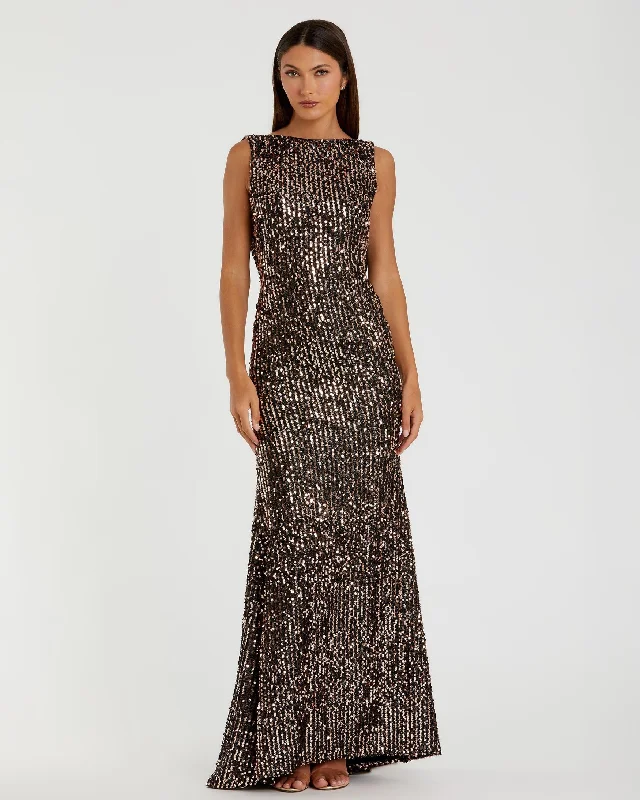 Weekend Deal Brown Cowl Back Boat Neck Sequined Evening Gown