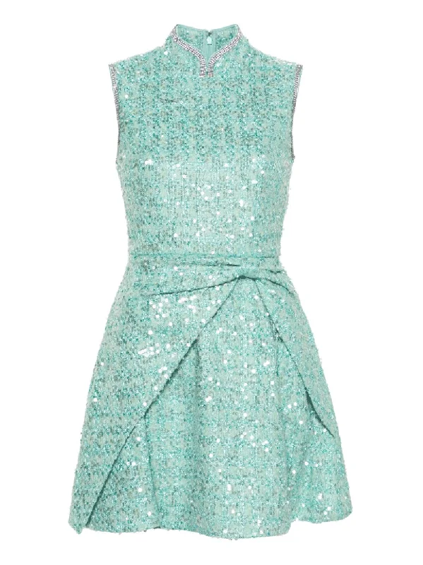 Final Clearance Green Boucle Gathered Mini Dress