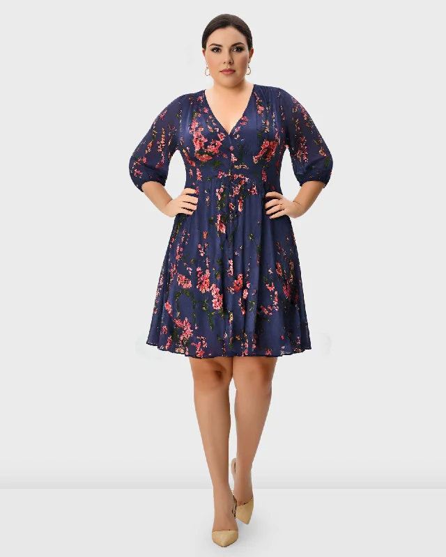 Discount Extravaganza Floral Print Georgette Banded Empire Dress | Peach