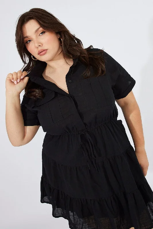 Deep Discounts Black Cargo Shirtdress Short Sleeve Cotton Mini