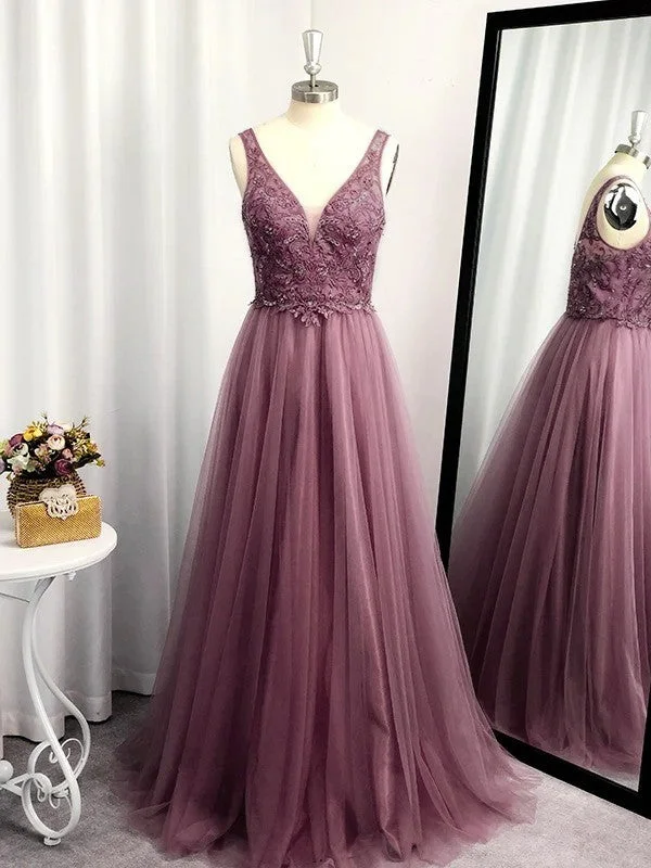 Early Bird Discount A-Line/Princess Sleeveless Tulle Floor-Length Applique V-neck Dresses Early Bird Discount A-Line/Princess Sleeveless Tulle Floor-Length Applique V-neck Dresses