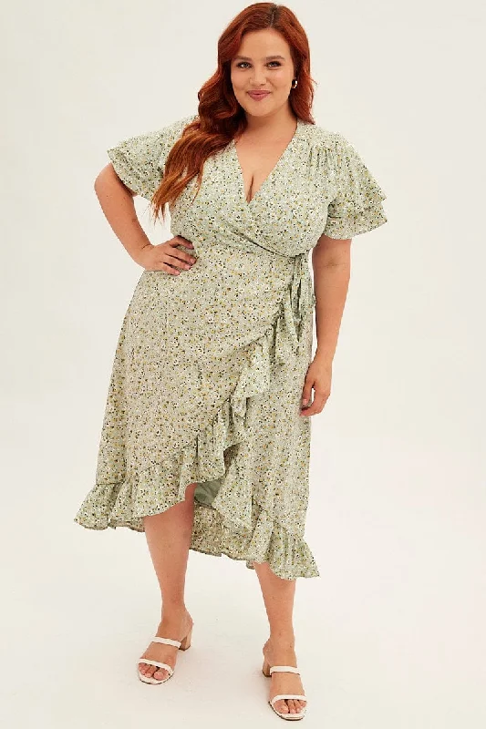 Limited Edition Ditsy Print Short Sleeve Frill Hem Wrap Dress