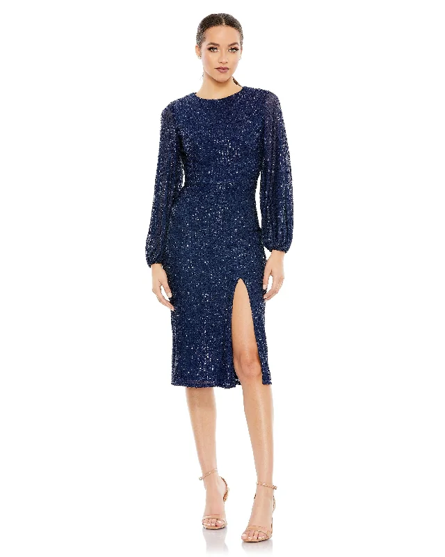 Early Bird Discount Sequined Puff Sleeve High Neck Dress