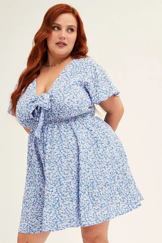 Limited Quantity Floral Print Blue Ditsy Print Short Sleeve Tie Front Dress