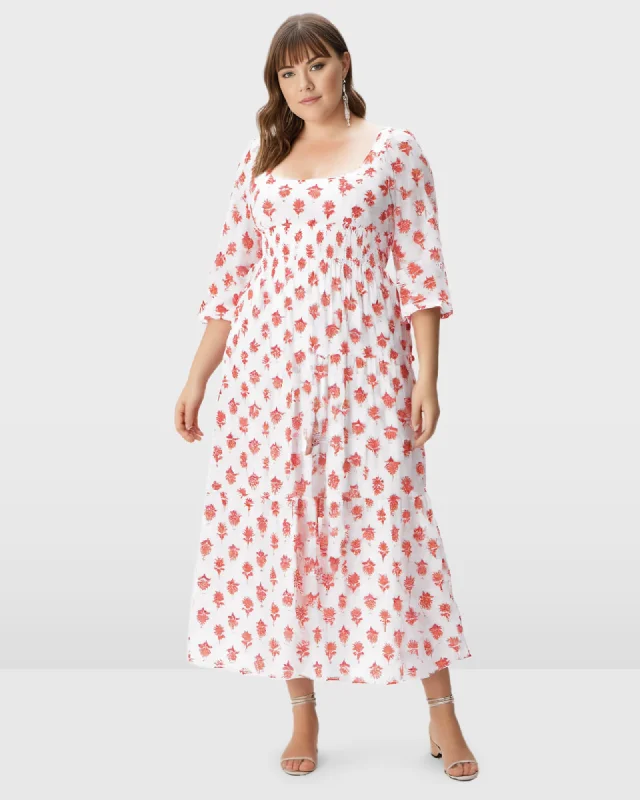 Bargain Bin Smocked Empire Floral Block Print Cotton Tier Dress | Light pink