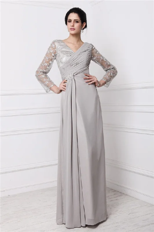 Value Deals Sheath/Column V-neck Long Sleeves Lace Long Chiffon Dresses