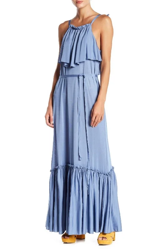 Instant Discount Ruffle Popover Maxi Dress In Blue
