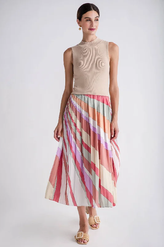 New Deals Skies Are Blue Knitted-Panel Satin Pleated Midi Dress