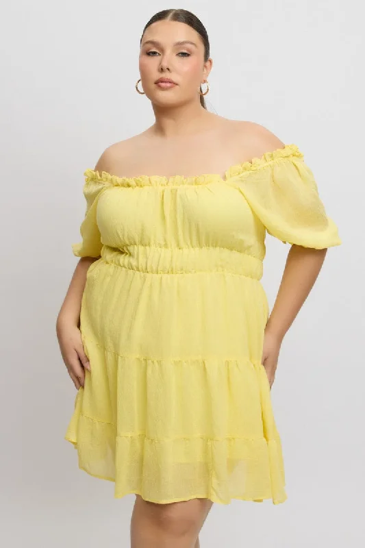 Extra Savings Yellow Scoop Neck Gather Waist Minidress