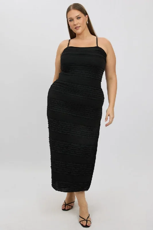 Price Fest Black Textured Frill Scoop Neck Bodycon Maxidress