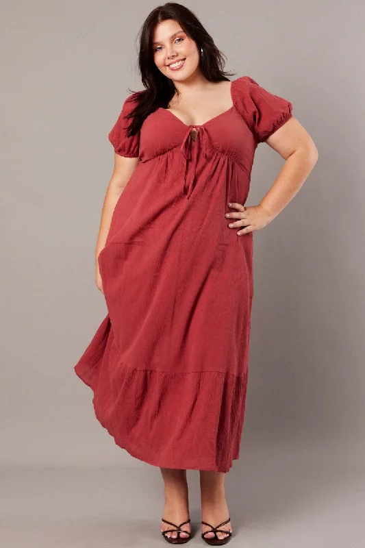 Mega Sale Brown Midi Dress Short Sleeve Tie Front
