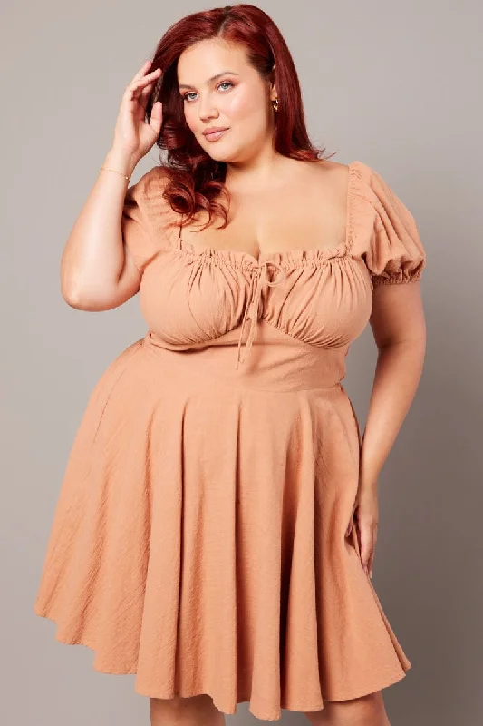 Can't Miss Brown Corset Puff Sleeve Mini Dress
