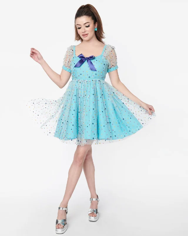 Exclusive Deal Smak Parlour Blue & Multi Star Puff Sleeve Babydoll Dress | Blue, Rainbow, Polka Dots