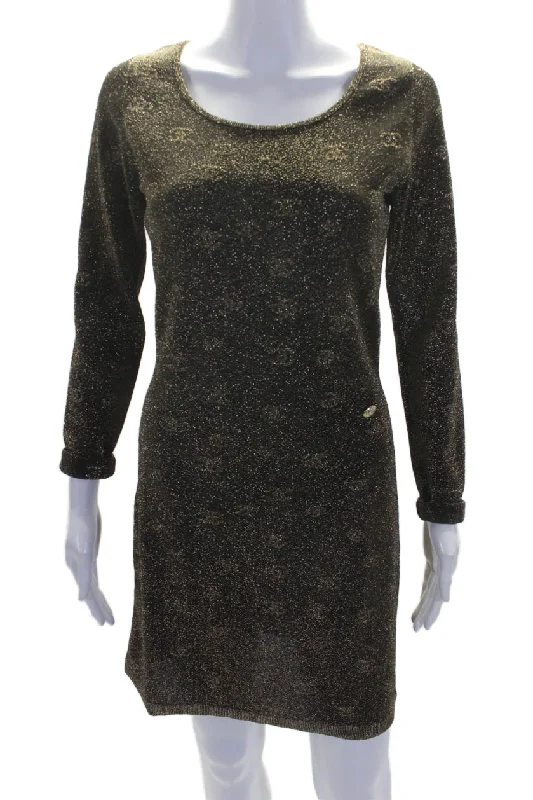 Overstock Chanel Womens Logo Print Long Sleeves Body Con Dress Bronze Metallic