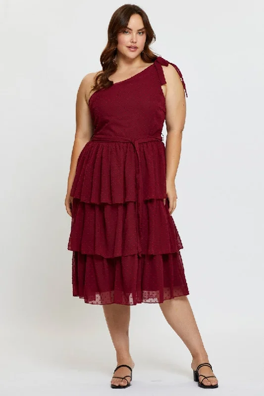 Bargain Prices Red Midi Dress One Shoulder Sleeveless