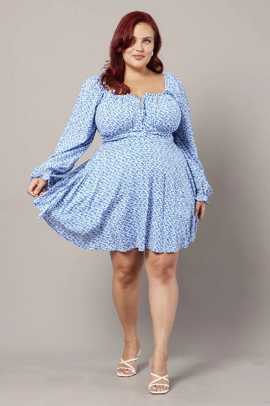 Best Bargains Blue Ditsy Long Sleeve Tie Mini Dress