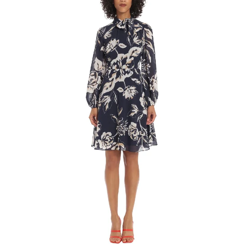 Closeout Womens Floral Print Tie-eck Fit & Flare Dress